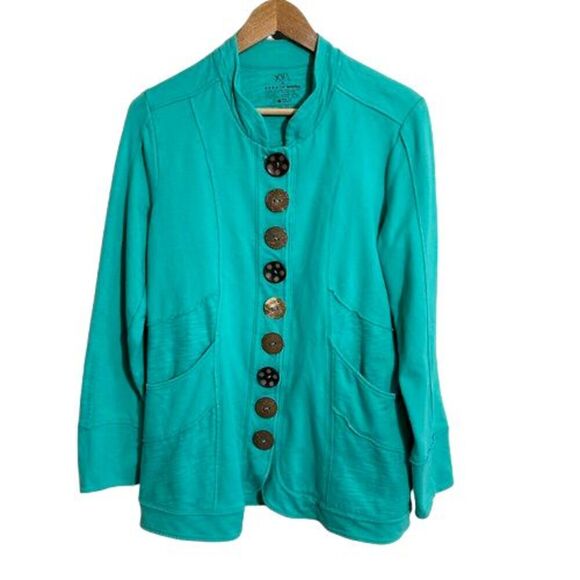 Neon Buddha Big Button Sweater Jacket S Teal Seafoam Blue Pockets - Picture 1 of 8